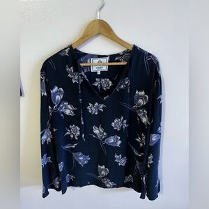 DASLU SAO PAOLO BLOUSE 100*% SILK black floral long sleeve  LIGHTWEIGHT top Ss M